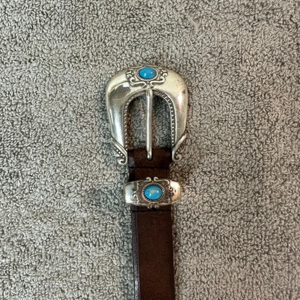 Steve Madden Womens Brown Leather Western Belt Turquoise Silver Buckle SM413 M
